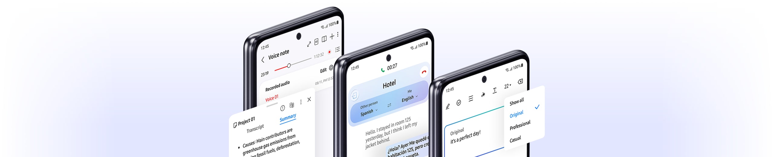 Three smartphones displaying Samsung AI features including voice note transcription, real-time translation, and writing style suggestions.