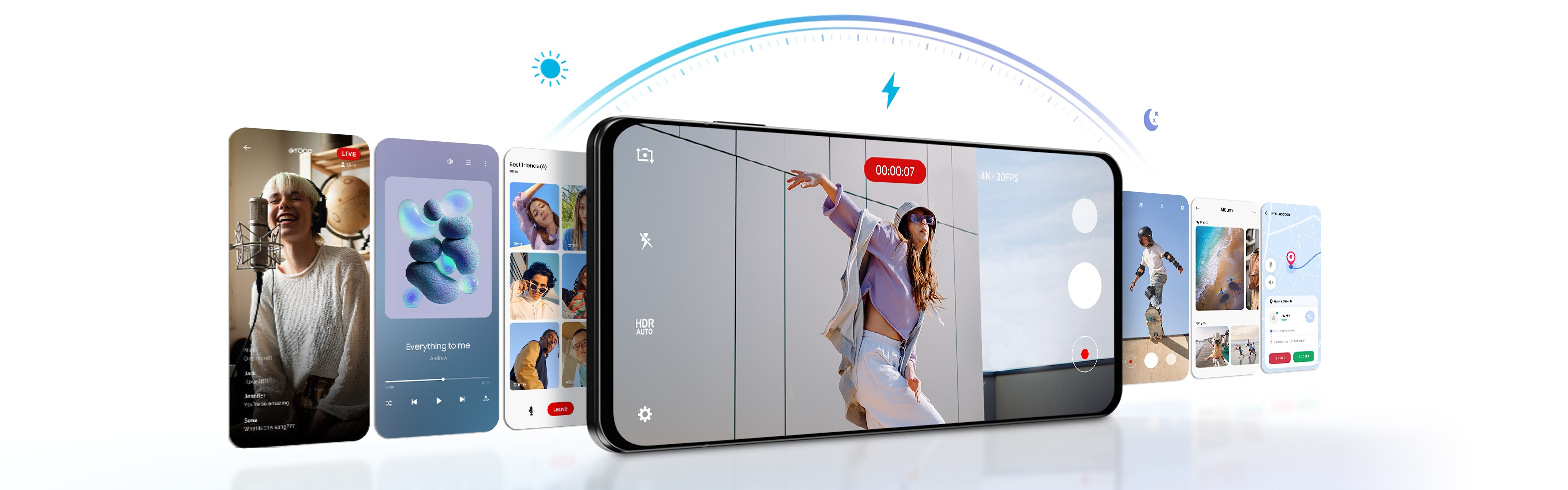 A central smartphone screen recording a high-resolution video, surrounded by other screens featuring music, video calls, maps, and photography applications.