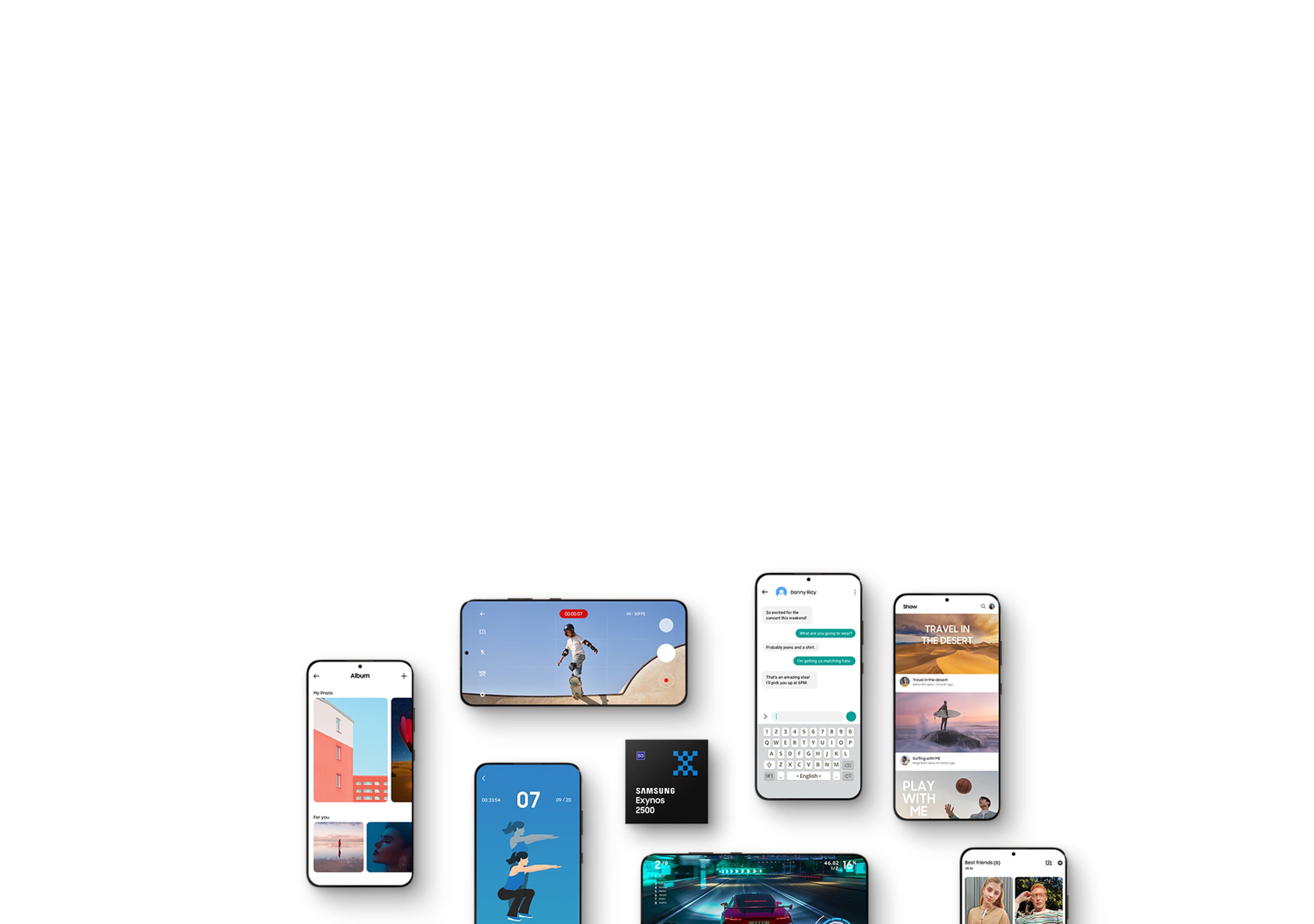 Multiple smartphones displaying diverse applications, including messaging, gaming, fitness tracking, and video recording, centered around the Samsung Exynos 2500.