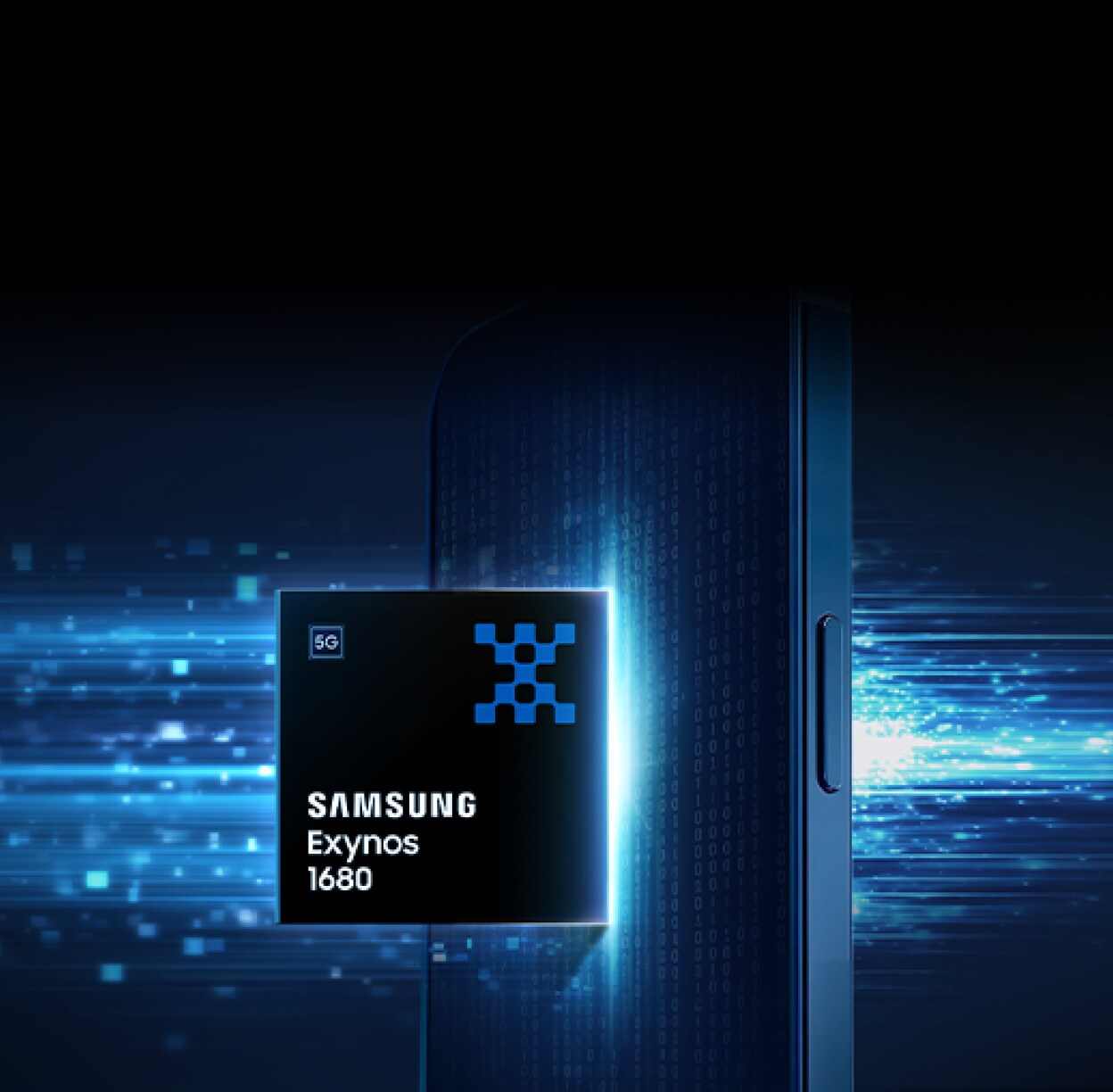 amsung Exynos 1680 mobile processor chip floating next to a smartphone with glowing blue data streams, highlighting fast on-device AI computing and upgraded performance.