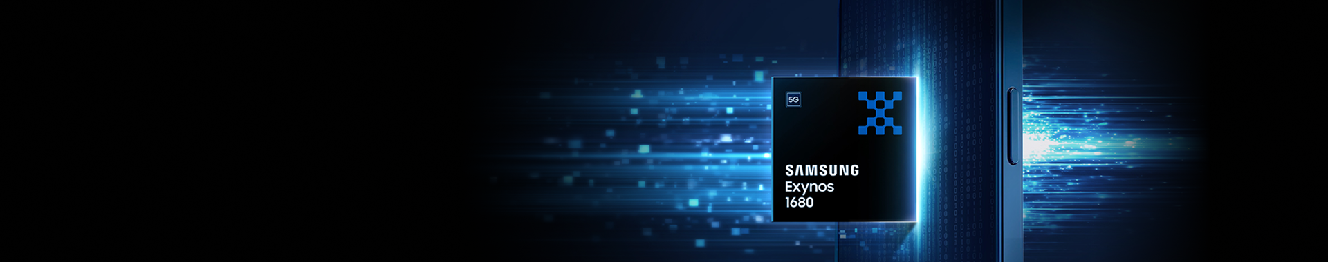 Samsung Exynos 1680 mobile processor chip floating next to a smartphone with glowing blue data streams, highlighting fast on-device AI computing and upgraded performance.