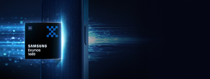 Samsung Exynos 1680 mobile processor chip floating next to a smartphone with glowing blue data streams, highlighting fast on-device AI computing and upgraded performance.