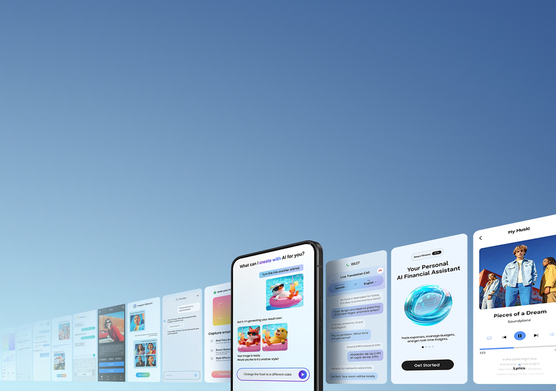 스마트폰 화면을 중심으로 AI 이미지 생성, 실시간 통역 통화(Live Translation Call), AI 금융 비서 등 다양한 온디바이스 AI 앱 UI가 부드럽게 펼쳐진 모습.