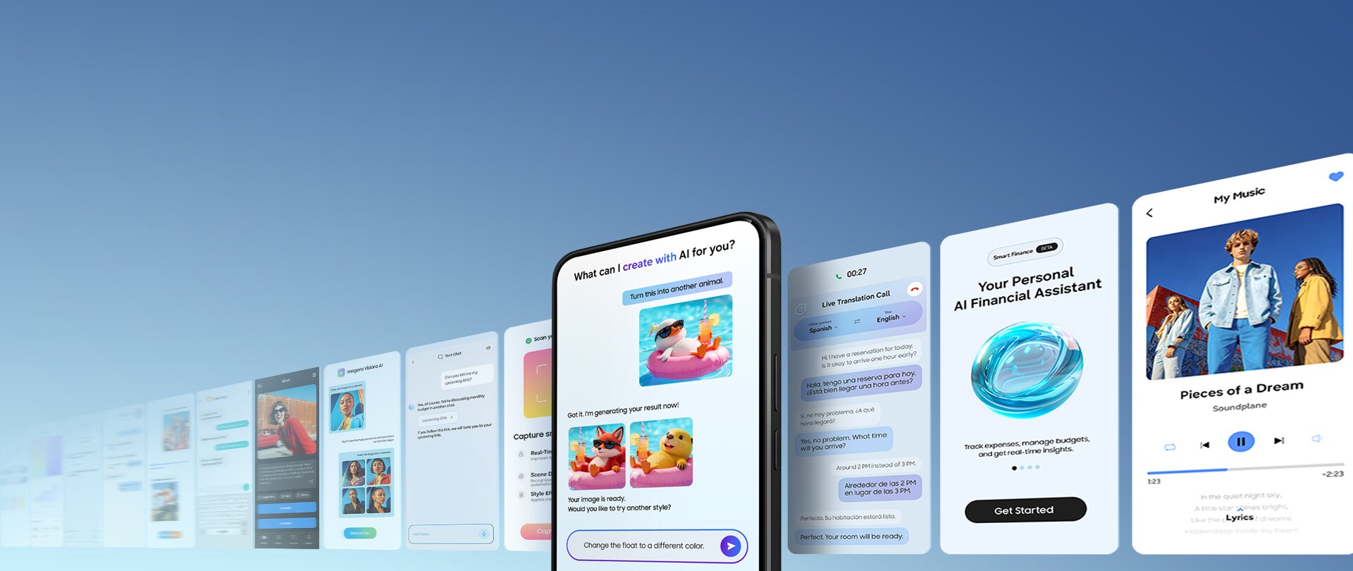 스마트폰 화면을 중심으로 AI 이미지 생성, 실시간 통역 통화(Live Translation Call), AI 금융 비서 등 다양한 온디바이스 AI 앱 UI가 부드럽게 펼쳐진 모습.