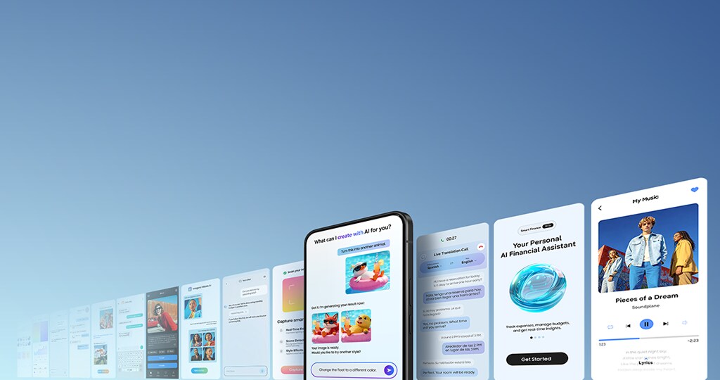 스마트폰 화면을 중심으로 AI 이미지 생성, 실시간 통역 통화(Live Translation Call), AI 금융 비서 등 다양한 온디바이스 AI 앱 UI가 부드럽게 펼쳐진 모습.