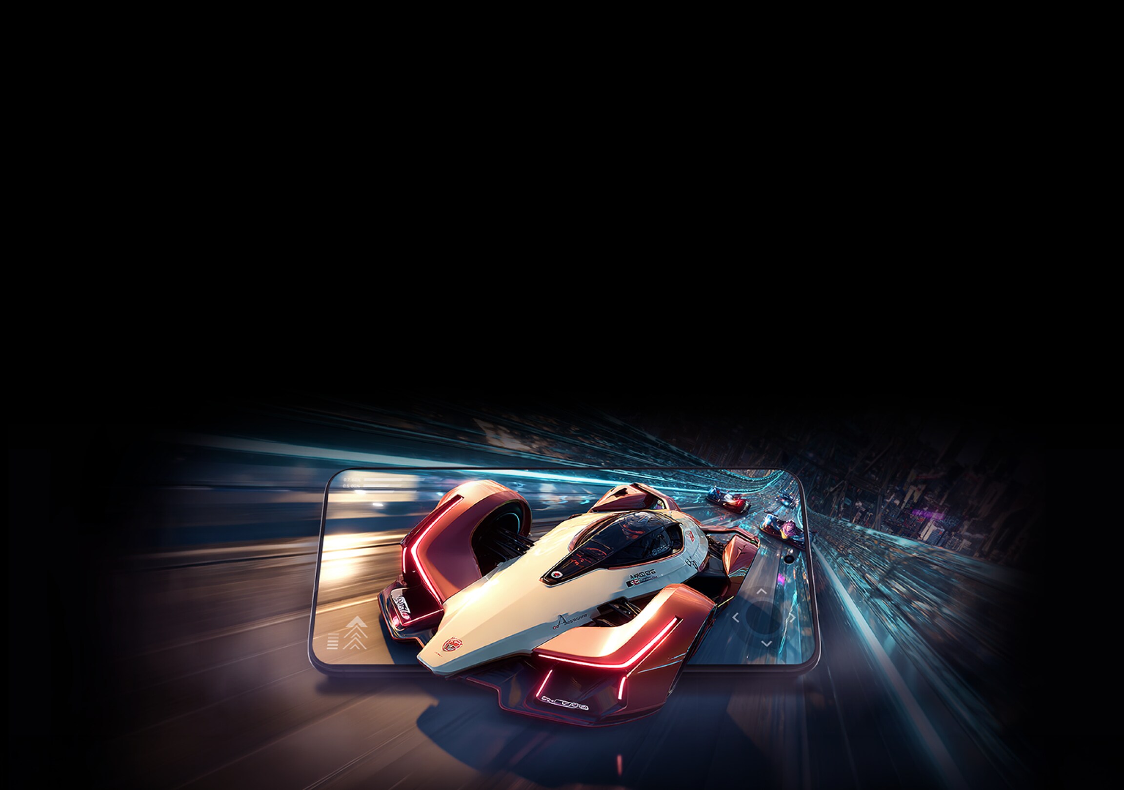 화려한 그래픽의 미래형 레이싱 게임이 구동되는 스마트폰 화면.