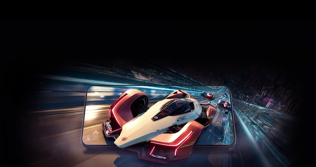 화려한 그래픽의 미래형 레이싱 게임이 구동되는 스마트폰 화면.