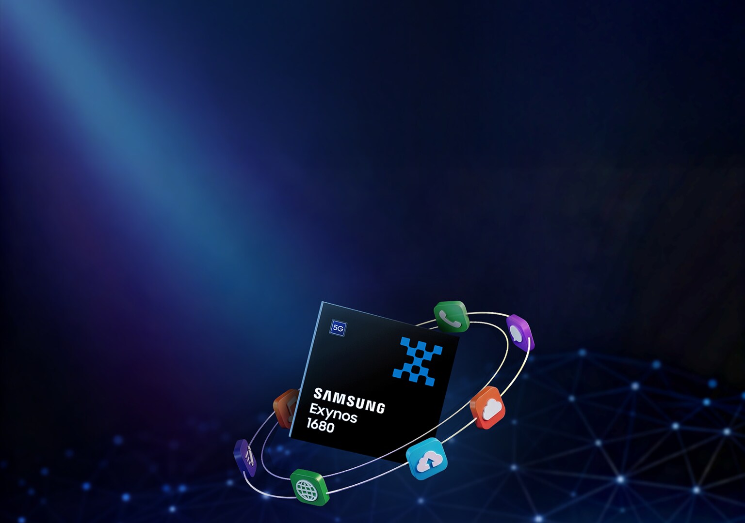 다양한 3D 앱 아이콘들이 궤도를 돌며 감싸고 있는 삼성 엑시노스 1680 모바일 프로세서 칩.