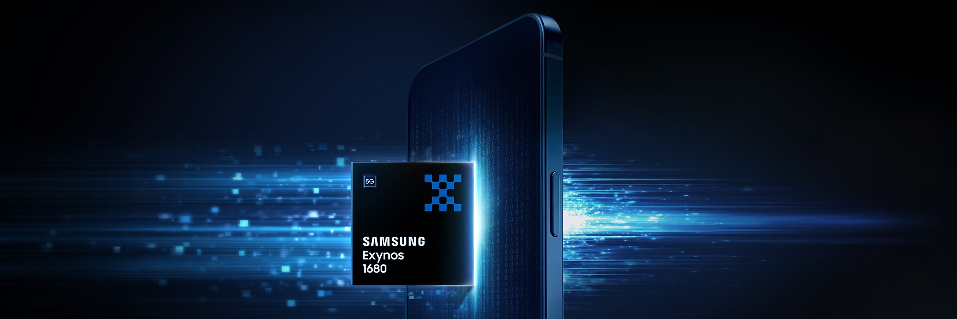 삼성 엑시노스(Exynos) 1680 모바일 프로세서 칩과 스마트폰 측면에서 뿜어져 나오는 파란색 데이터 빛줄기.