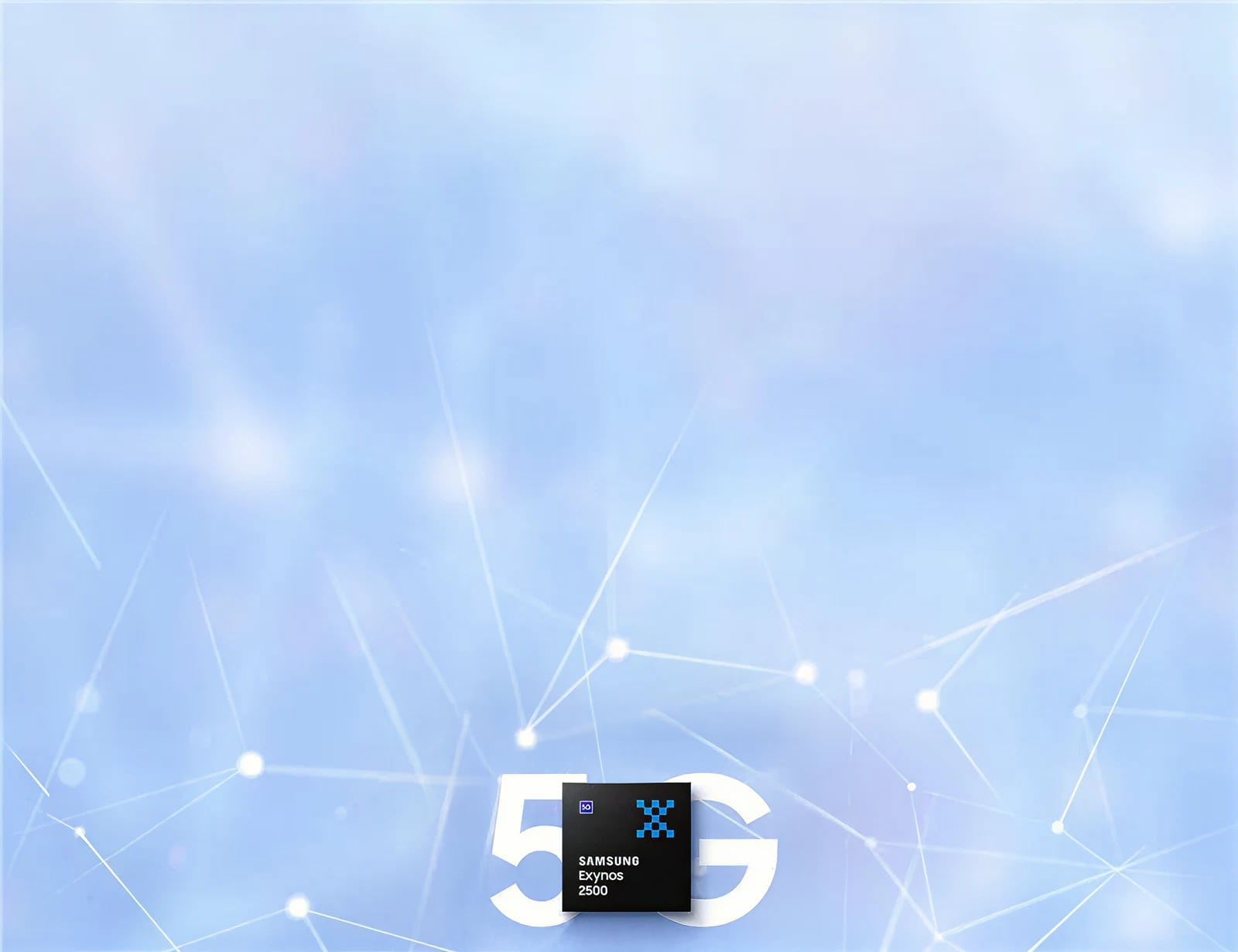 The Samsung Exynos 2500 chipset displayed prominently in front of a large white "5G" text, with a digital network pattern illustrating advanced communication technology.
