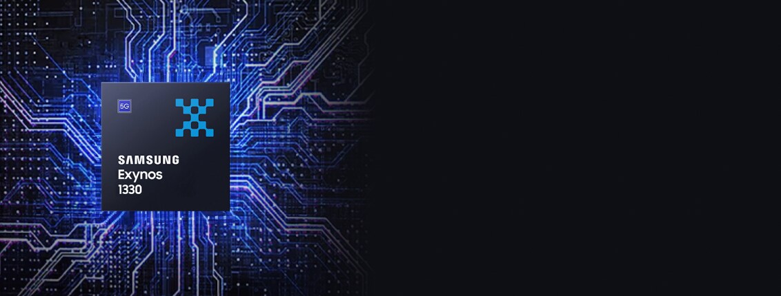 A close-up of a Samsung Exynos 1380 chip with illuminated circuit lines on a dark background.