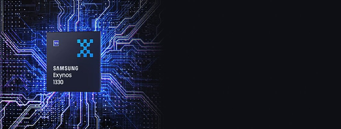 A close-up of a Samsung Exynos 1380 chip with illuminated circuit lines on a dark background.