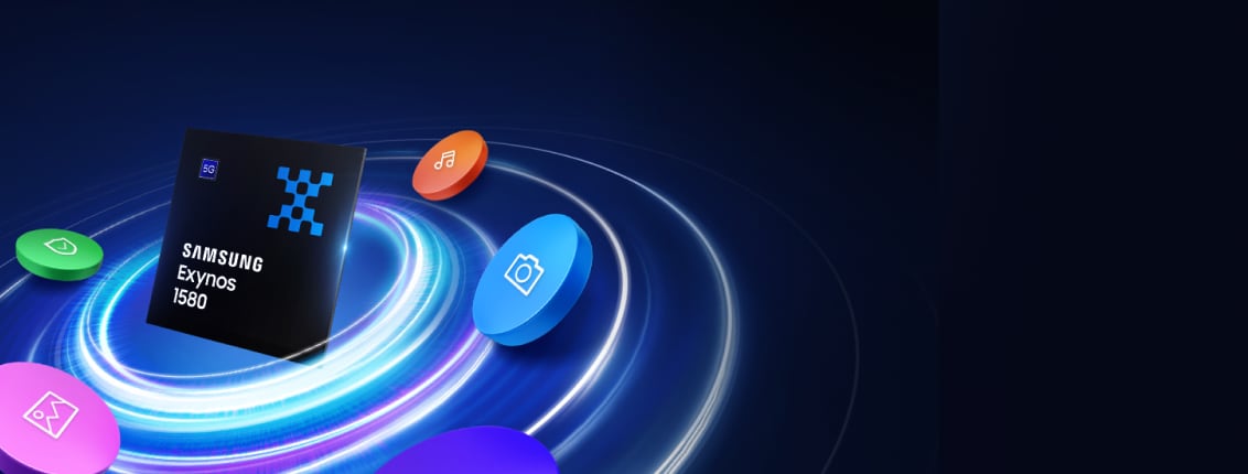 A Samsung Exynos 1580 chip at the center of a glowing swirl, surrounded by colorful icons.