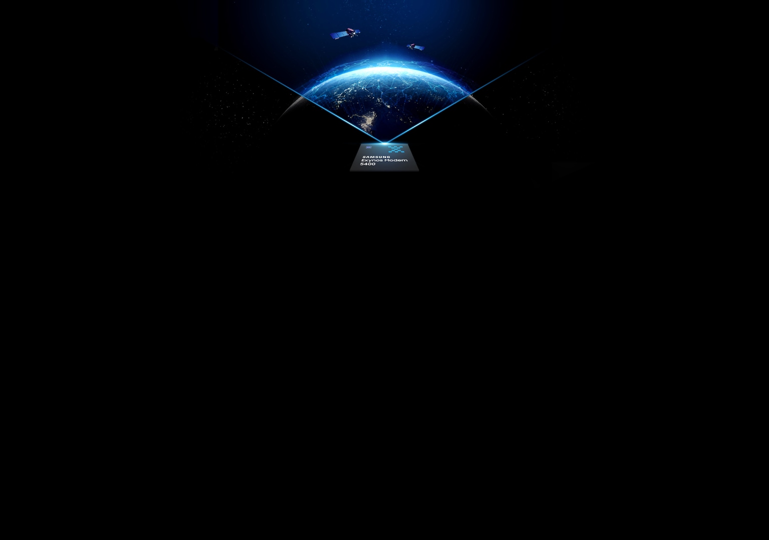Earth as seen from orbit through a stylized diamond cutout, with 'Samsung Exynos Modem 5400'.