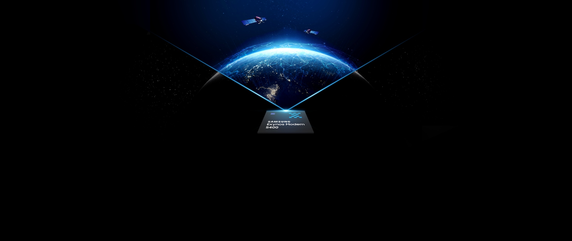 Earth as seen from orbit through a stylized diamond cutout, with 'Samsung Exynos Modem 5400'.
