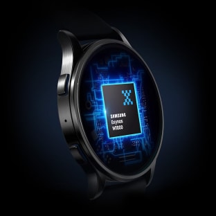 Close-up of a smartwatch screen powered by Samsung Exynos W1000 chip with a blue circuit background.