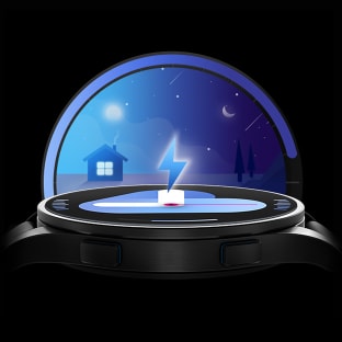 A smartwatch with an electricity-shaped icon symbolizing battery charging over a background image that show time lapse of a day.