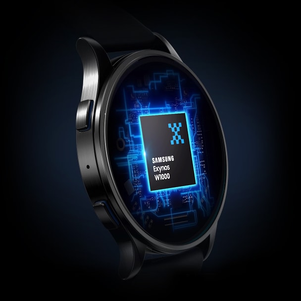 Close-up of a smartwatch screen powered by Samsung Exynos W1000 chip with a blue circuit background.