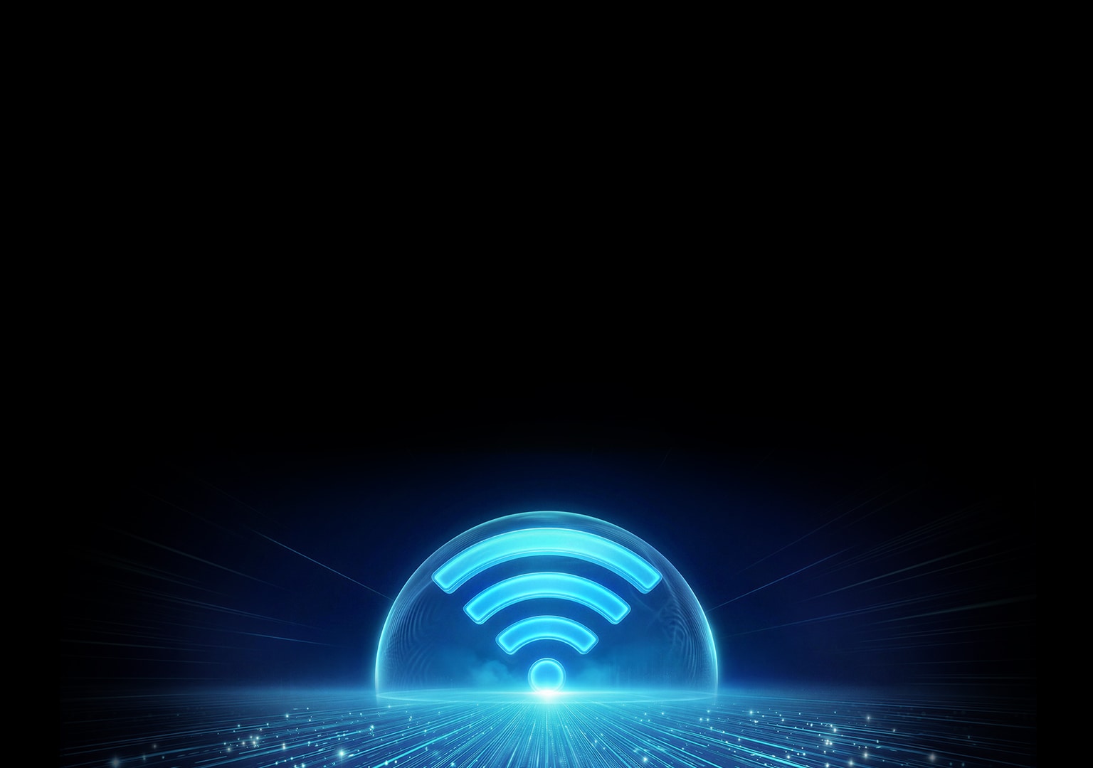 와이파이 아이콘을 감싸는 푸른 빛 효과에 연결성을 나타내는 구형 빛 효과와 속도감을 표현하는 라인을 더해, 빠르고 안정적인 무선 통신을 시각화한 이미지.