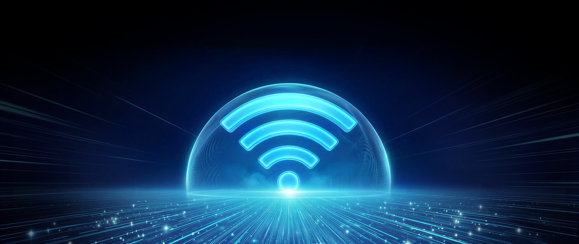 와이파이 아이콘을 감싸는 푸른 빛 효과에 연결성을 나타내는 구형 빛 효과와 속도감을 표현하는 라인을 더해, 빠르고 안정적인 무선 통신을 시각화한 이미지.