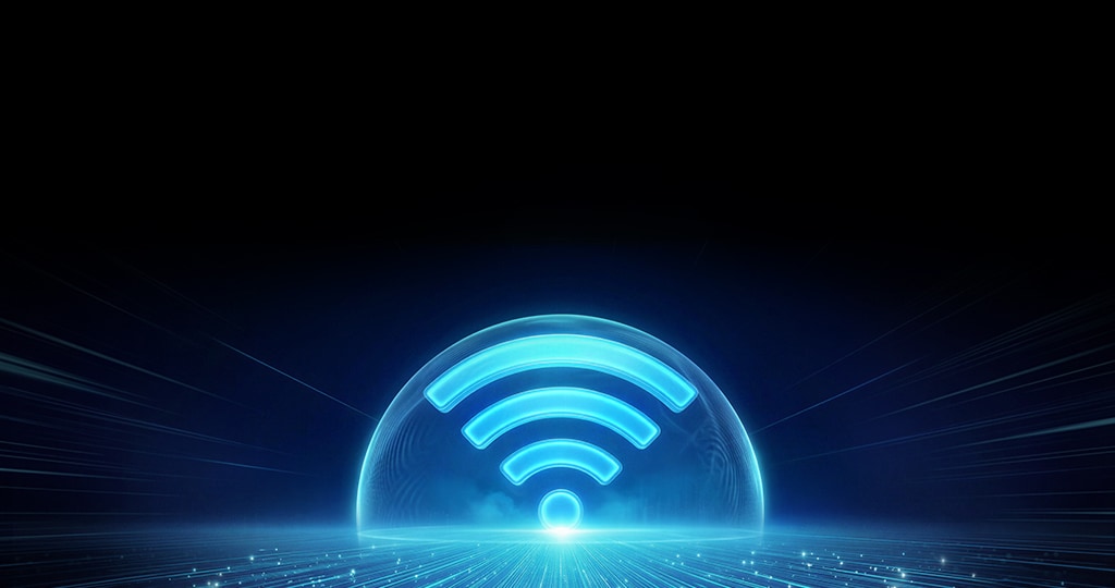 와이파이 아이콘을 감싸는 푸른 빛 효과에 연결성을 나타내는 구형 빛 효과와 속도감을 표현하는 라인을 더해, 빠르고 안정적인 무선 통신을 시각화한 이미지.