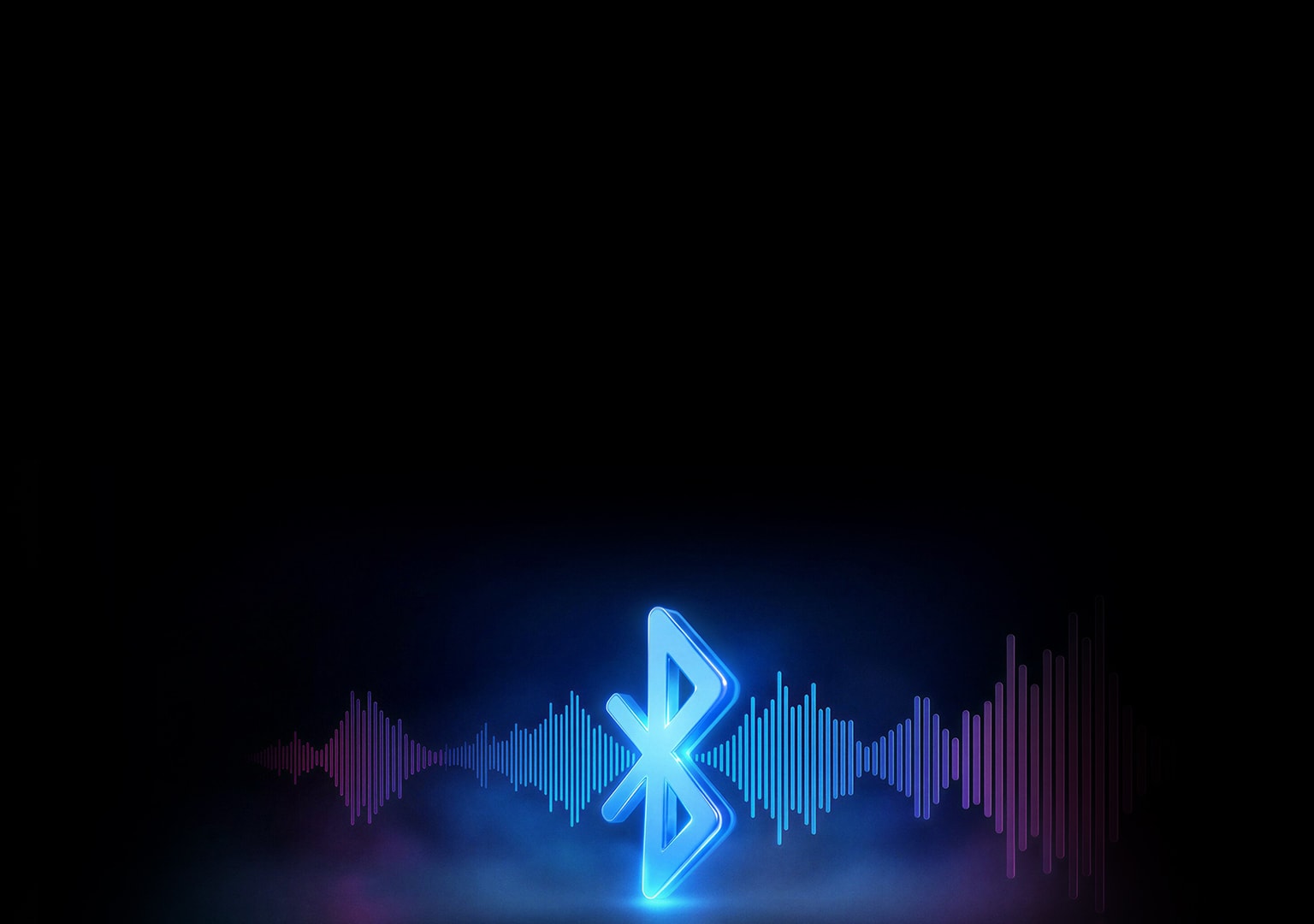 블루투스 아이콘에 음향을 연상시키는 비주얼 효과를 더해, 무선 오디오 전송과 연결성을 표현한 이미지.