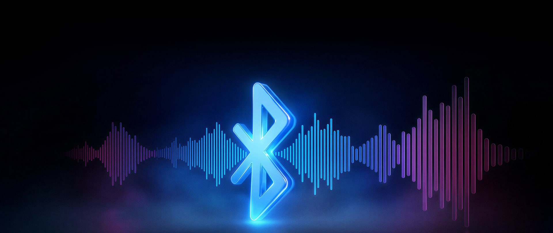블루투스 아이콘에 음향을 연상시키는 비주얼 효과를 더해, 무선 오디오 전송과 연결성을 표현한 이미지.