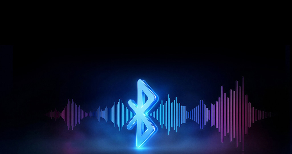 블루투스 아이콘에 음향을 연상시키는 비주얼 효과를 더해, 무선 오디오 전송과 연결성을 표현한 이미지.