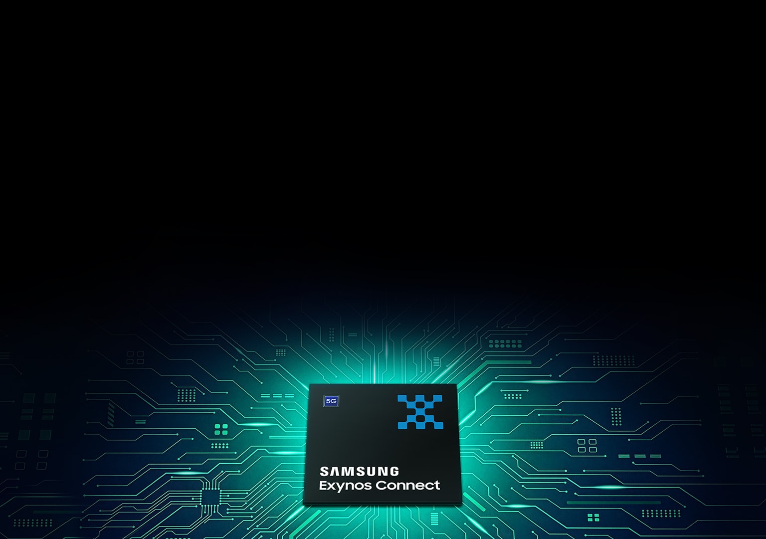 미래지향적이고 전력 효율을 상징하는 초록색 톤의 회로 패턴 위에 엑시노스 커넥트 칩이 배치된 이미지
