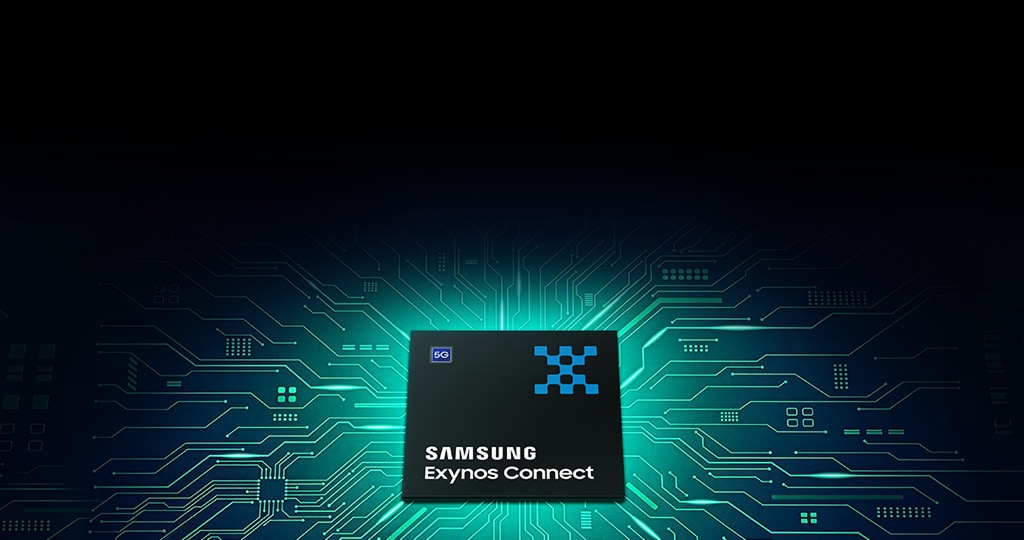 미래지향적이고 전력 효율을 상징하는 초록색 톤의 회로 패턴 위에 엑시노스 커넥트 칩이 배치된 이미지