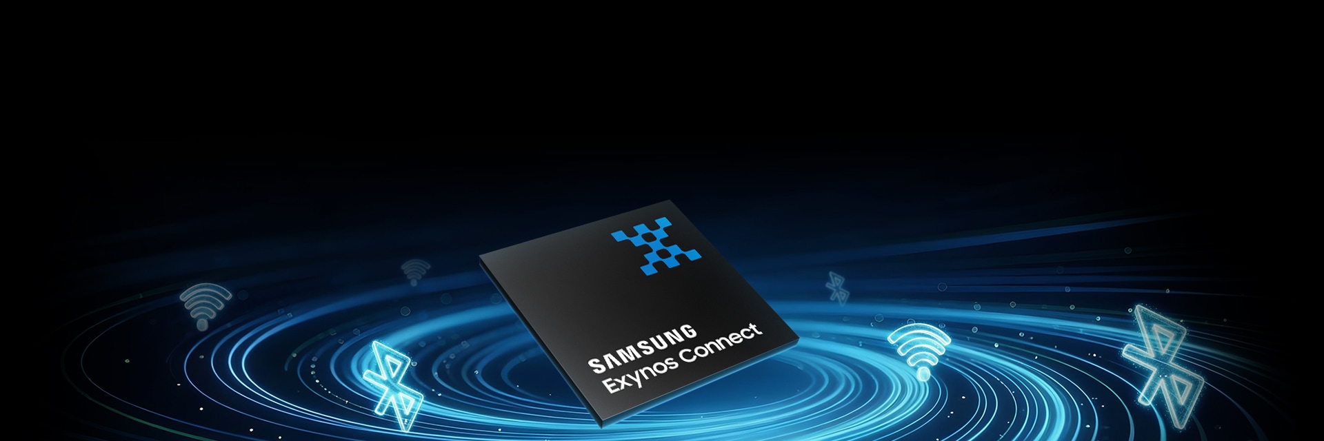 Wi-Fi와 Bluetooth 아이콘이 둘러싼 Exynos Connect 칩을 파란색 원으로 강조해 안정적인 무선 연결성을 표현한 이미지.