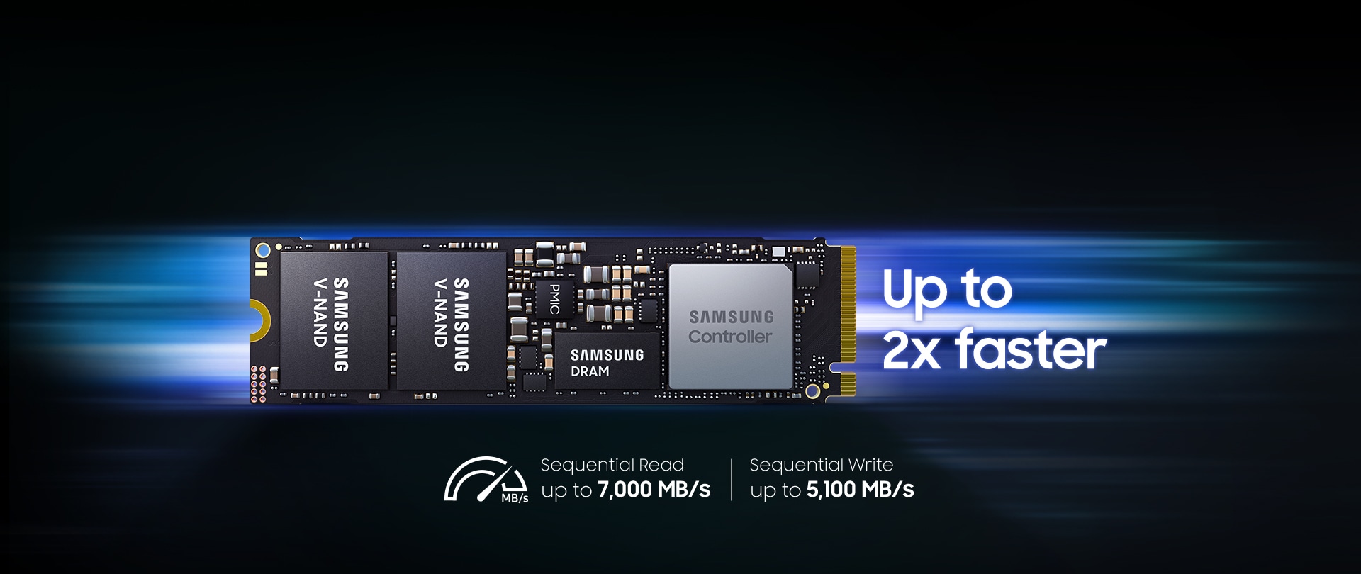 三星的高速 SSD，配有 NAND 内存、三星 DRAM 和控制芯片等组件。