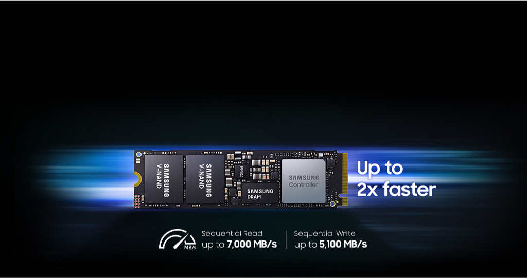Samsung's high-speed SSD with components such as an NAND memory, Samsung DRAM and controller chip.