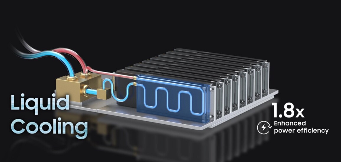 Concept illustration showing liquid cooling architecture managing SSD thermal output in a server system