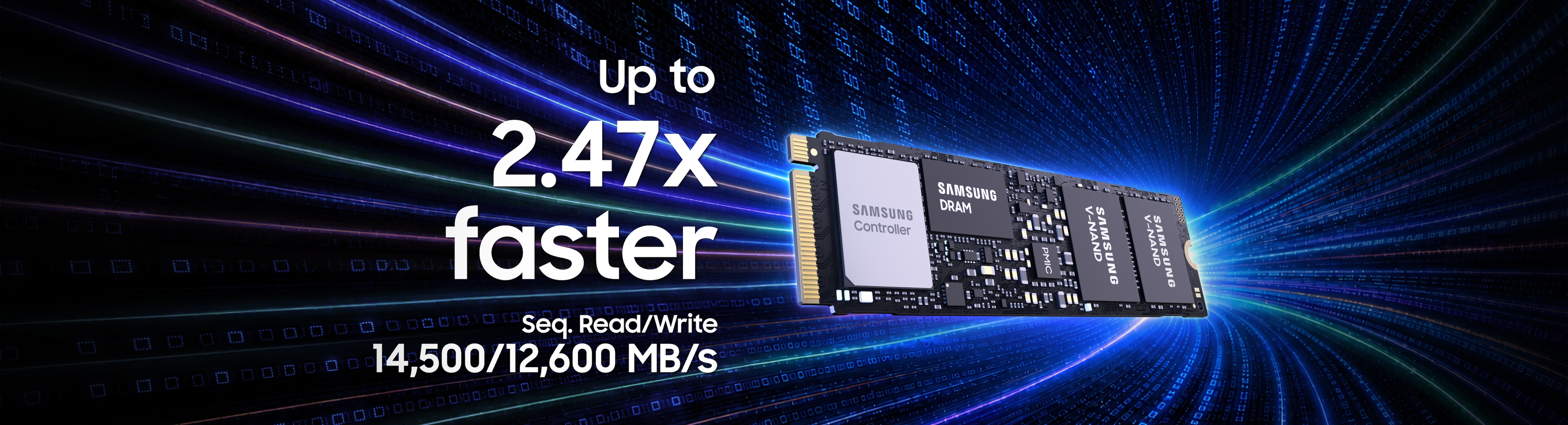 The PM9E1 product image appears above linear graphics representing fast data flow, with the sequential read/write performance figures of 14,500 MB/s and 12,600 MB/s highlighted.