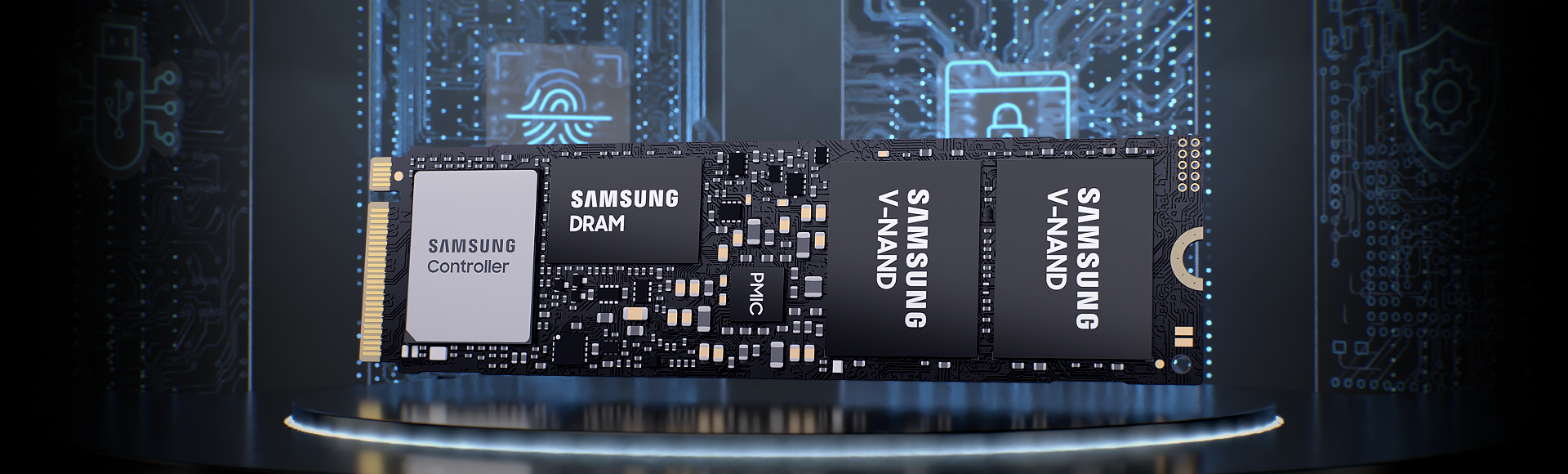 A product image of the PM9E1 surrounded by a security wall, symbolizing its powerful security solutions that protect against external threats or data leaks