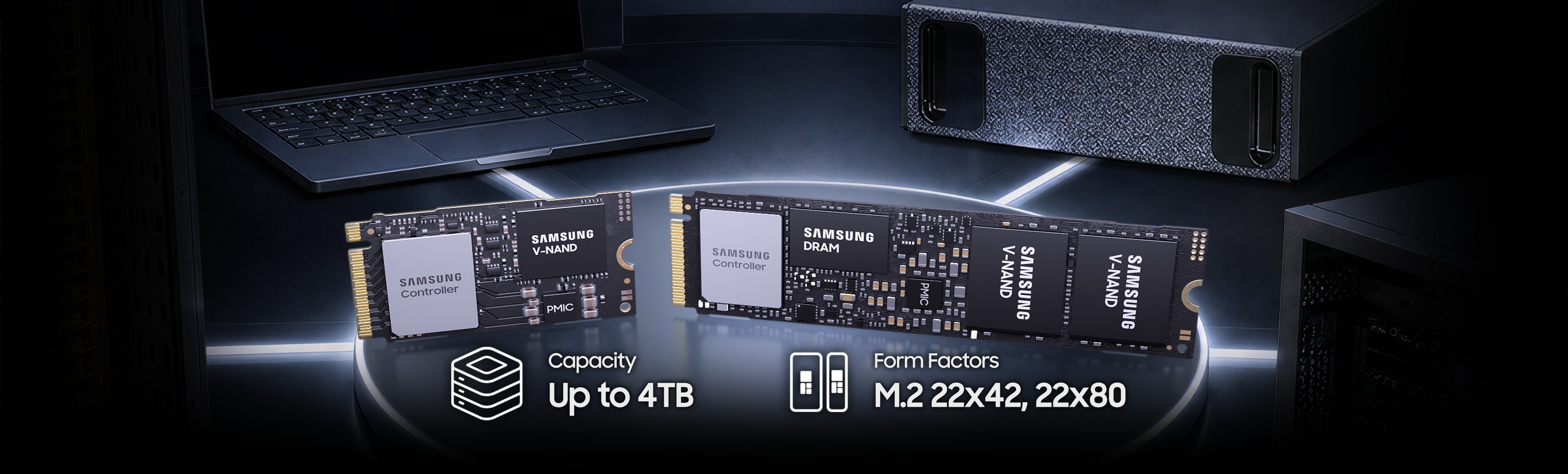 An image showing PM9E1 products in two form factors, 22x42 and 22x80, surrounded by various types of applications such as AI workstations, laptops, and PCs