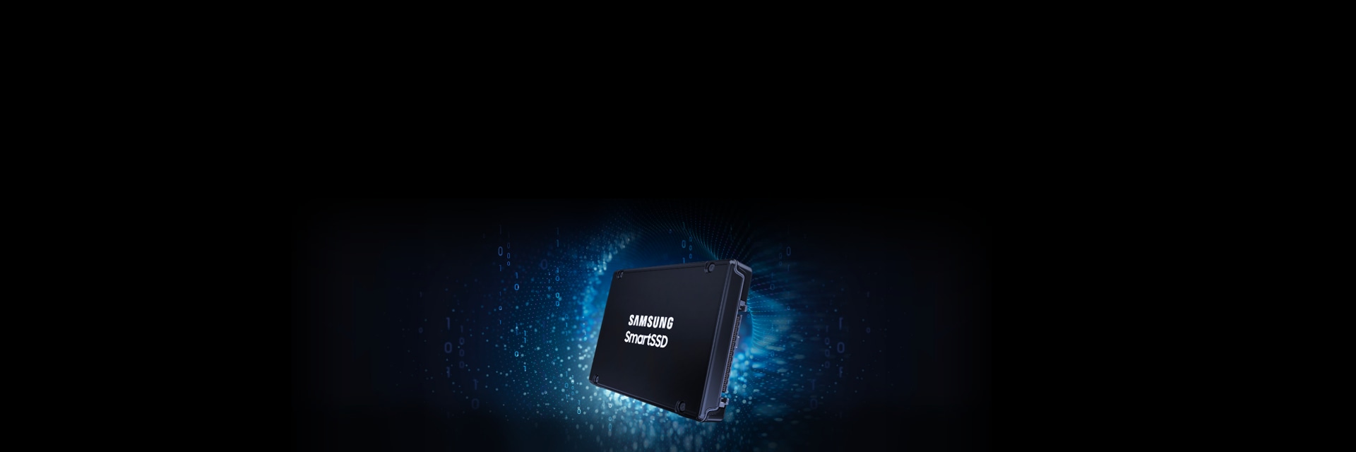  An image of which SmartSSD is placed against the backdrop of digital graphics consisting of binary data and neural networks.