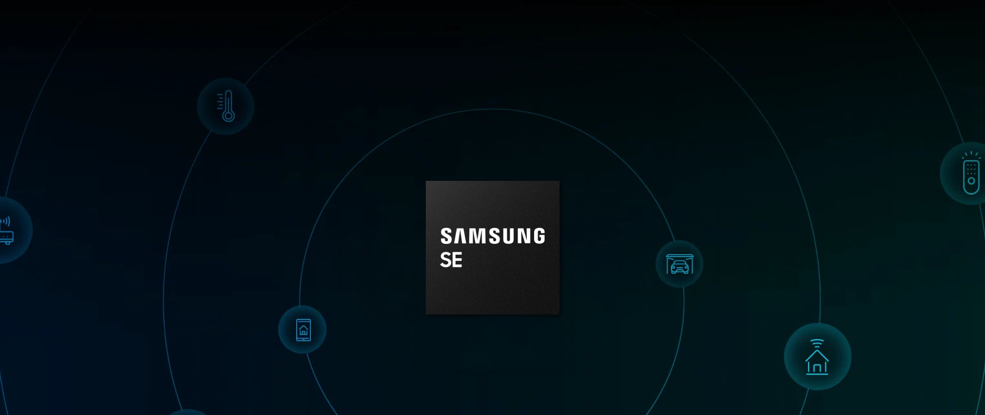 블랙 삼성 SE 칩을 중심으로 IoT 연결 보안을 나타내는 아이콘들이 원형으로 배열된 이미지