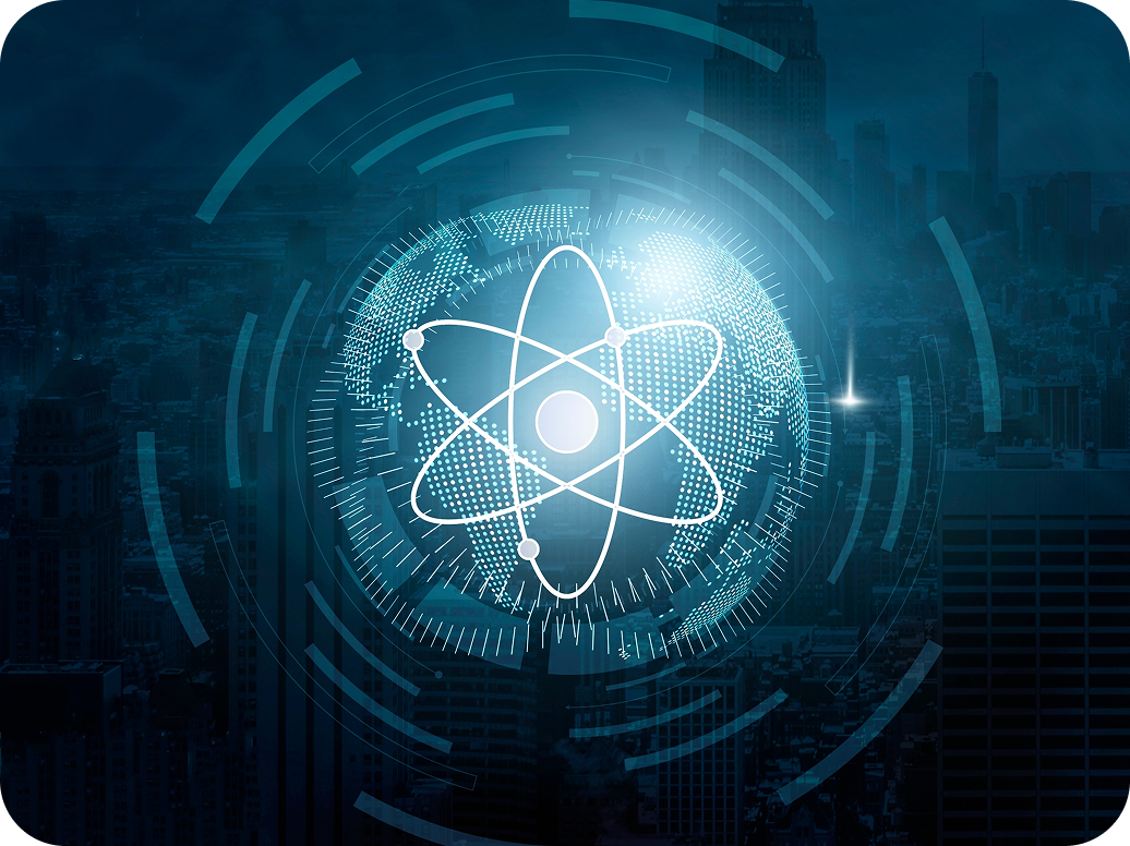 A futuristic digital illustration of an atom symbol overlaid on a glowing globe.