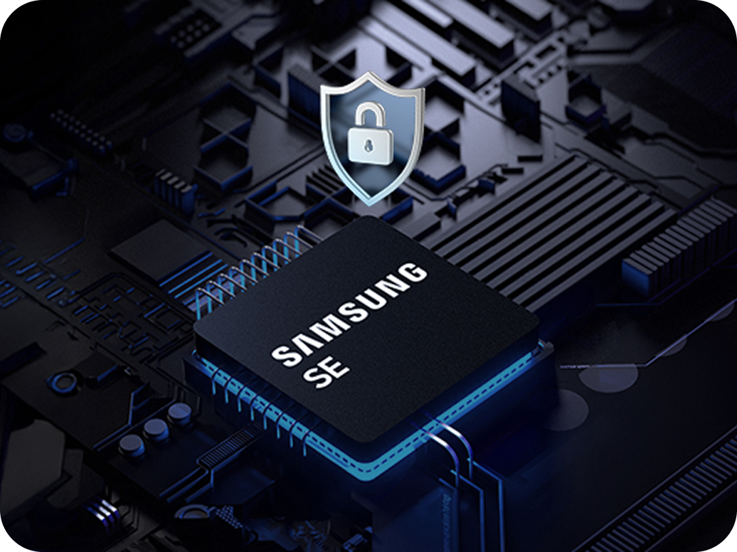 A close-up image of a Samsung SE security chip mounted on a motherboard, with a shield and lock icon symbolizing hardware-level data protection.