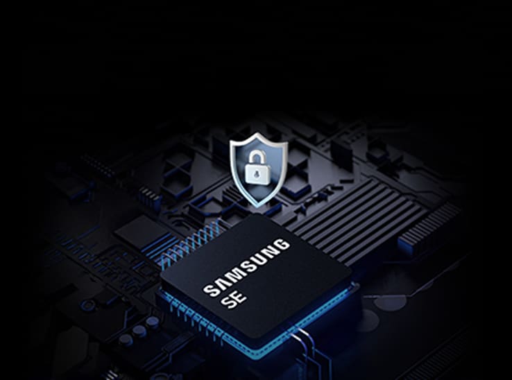 マザーボード上に盾と錠前のアイコンが配置された Samsung SE セキュリティチップ。