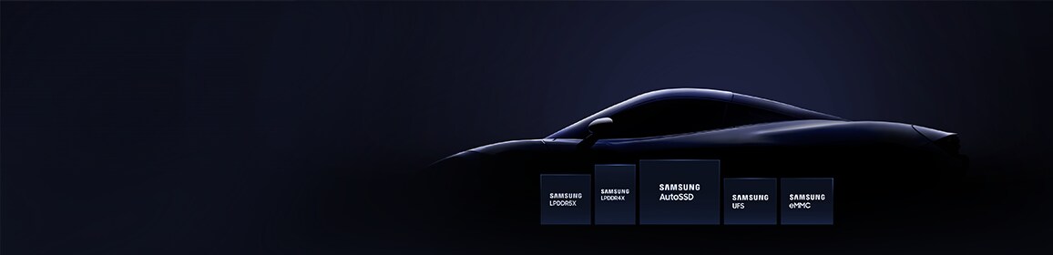 A dark and moody silhouette of a streamlined car, with samsung AutoSSD, LPDDR5X, LPDDR4X, UFS and eMMC