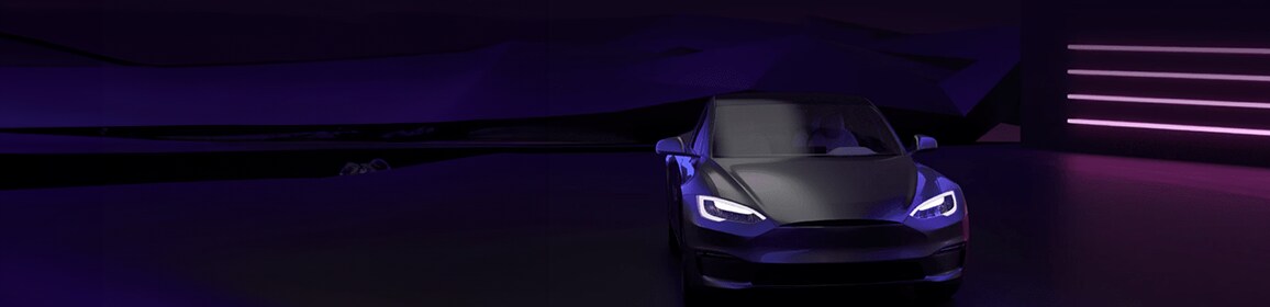 A car with glowing headlights in a futuristic purple-lit setting