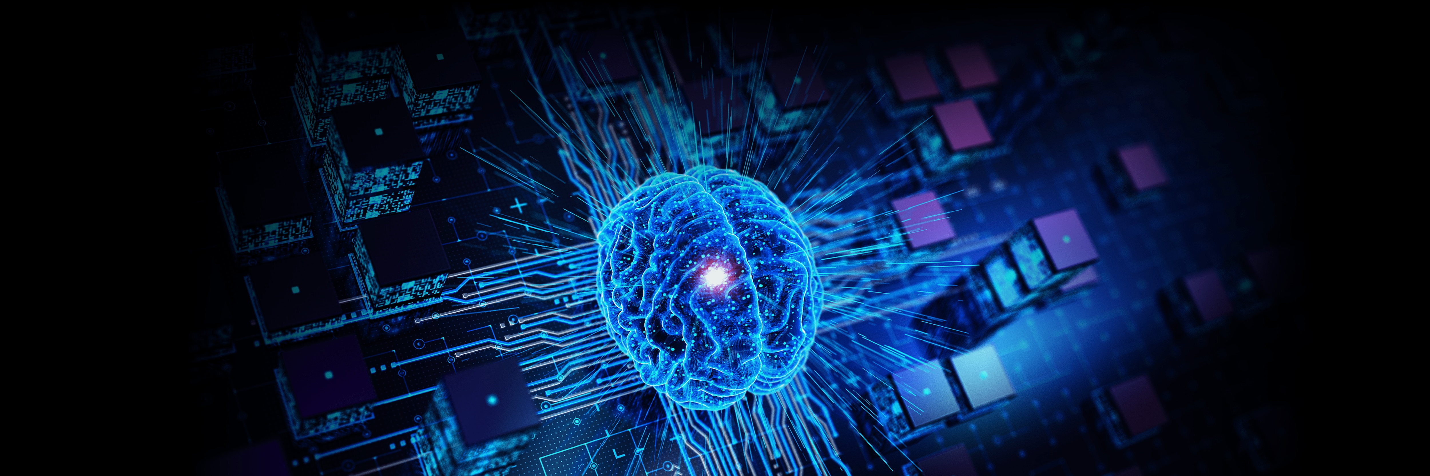人类大脑示意图，旁边有被蓝色光线照亮的半导体芯片。