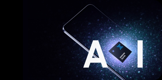 An image of Exynos processor over a smartphone device with big typography written AI