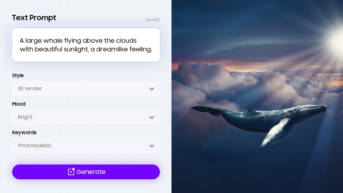 雲の上を飛ぶクジラの画像を作成するためのプロンプトを備えた、人工知能画像生成ツールのユーザーインターフェース
