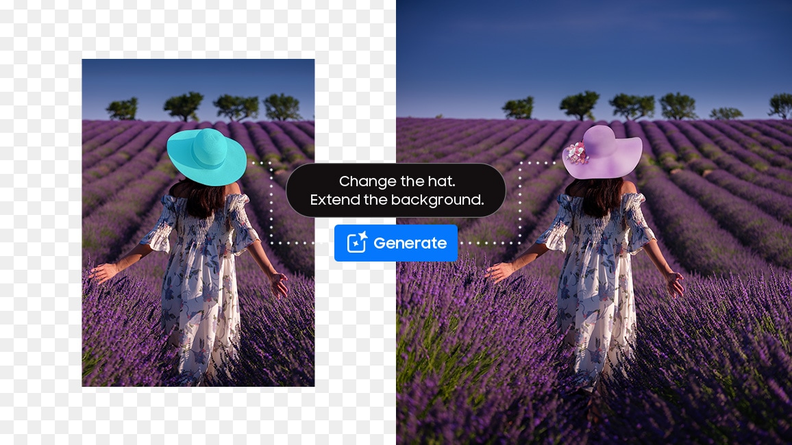 a before-and-after scenario where an AI tool has altered the color of a hat and expanded the background of a photo set 