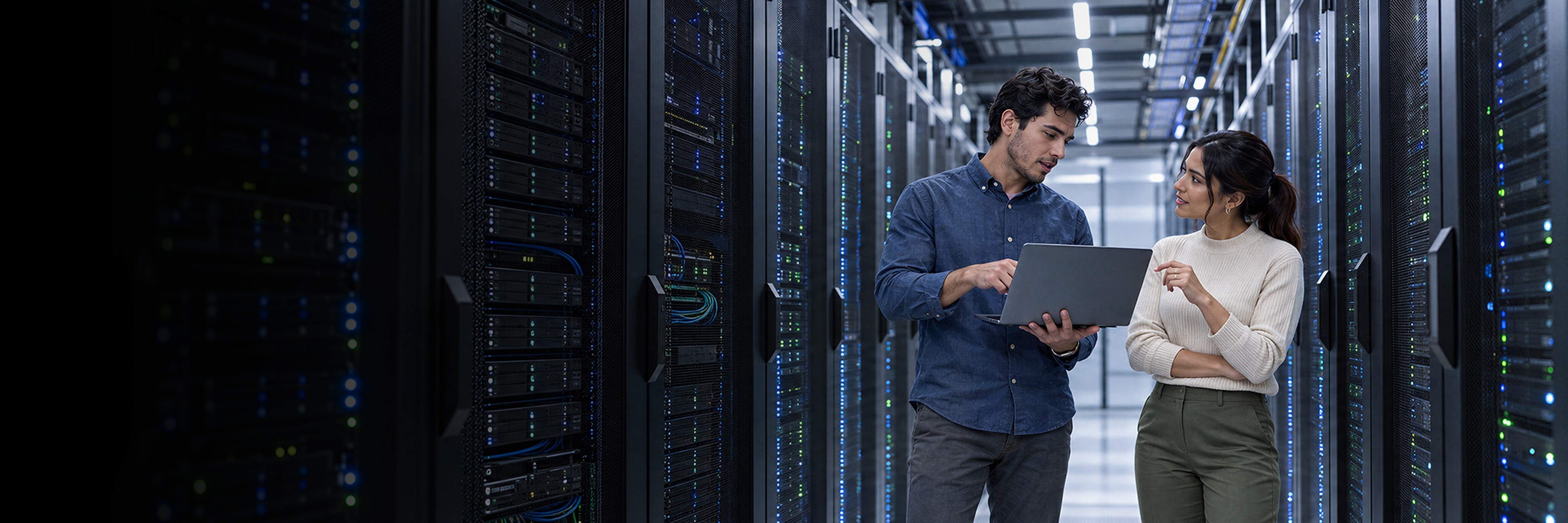Two engineers collaborating with a laptop in a data center server room
