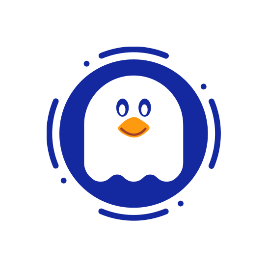 A playful logo featuring a white ghost with an orange beak and smiling face, enclosed within a blue circular design